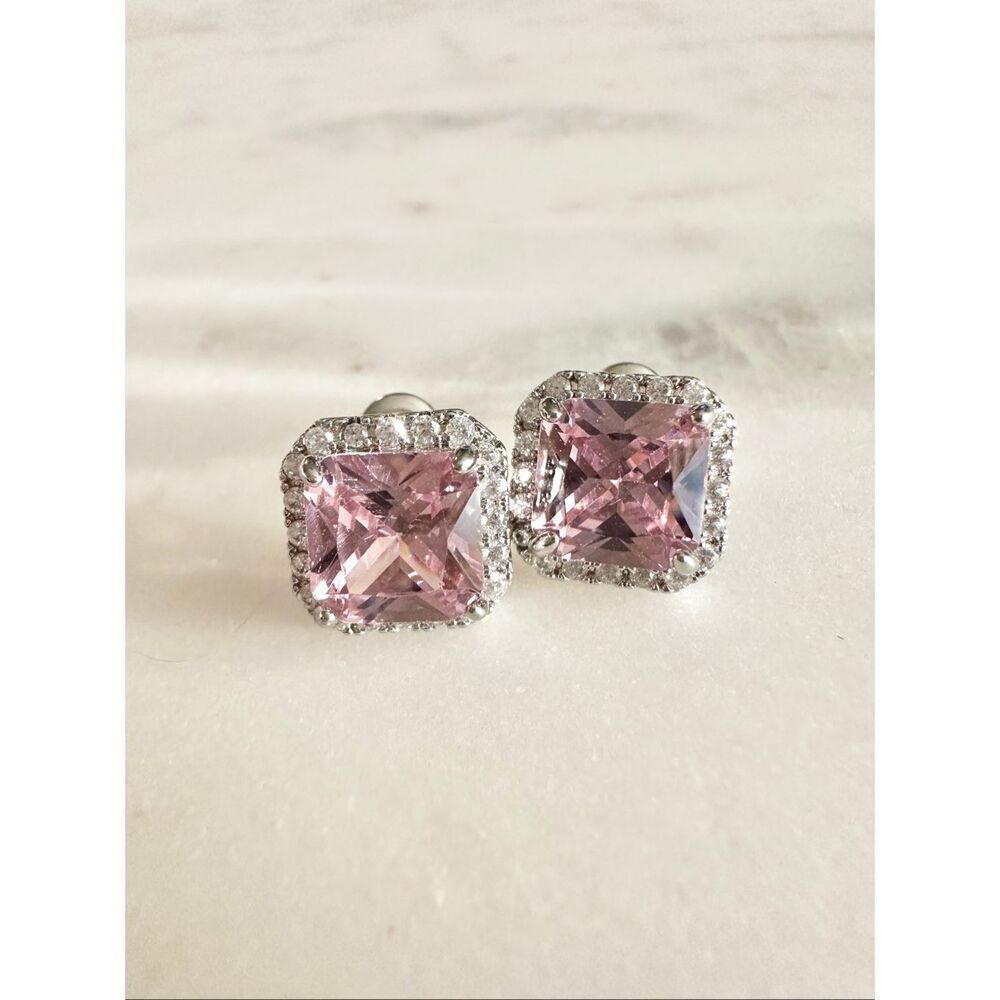Light pink princess cut cubic zirconia sparkly stud earrings - Picture 2 of 3